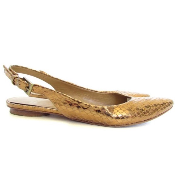 Stuart Weitzman Shoes - Stuart Weitzman Minnie Gold Metallic Snake Print Slingback Size 9